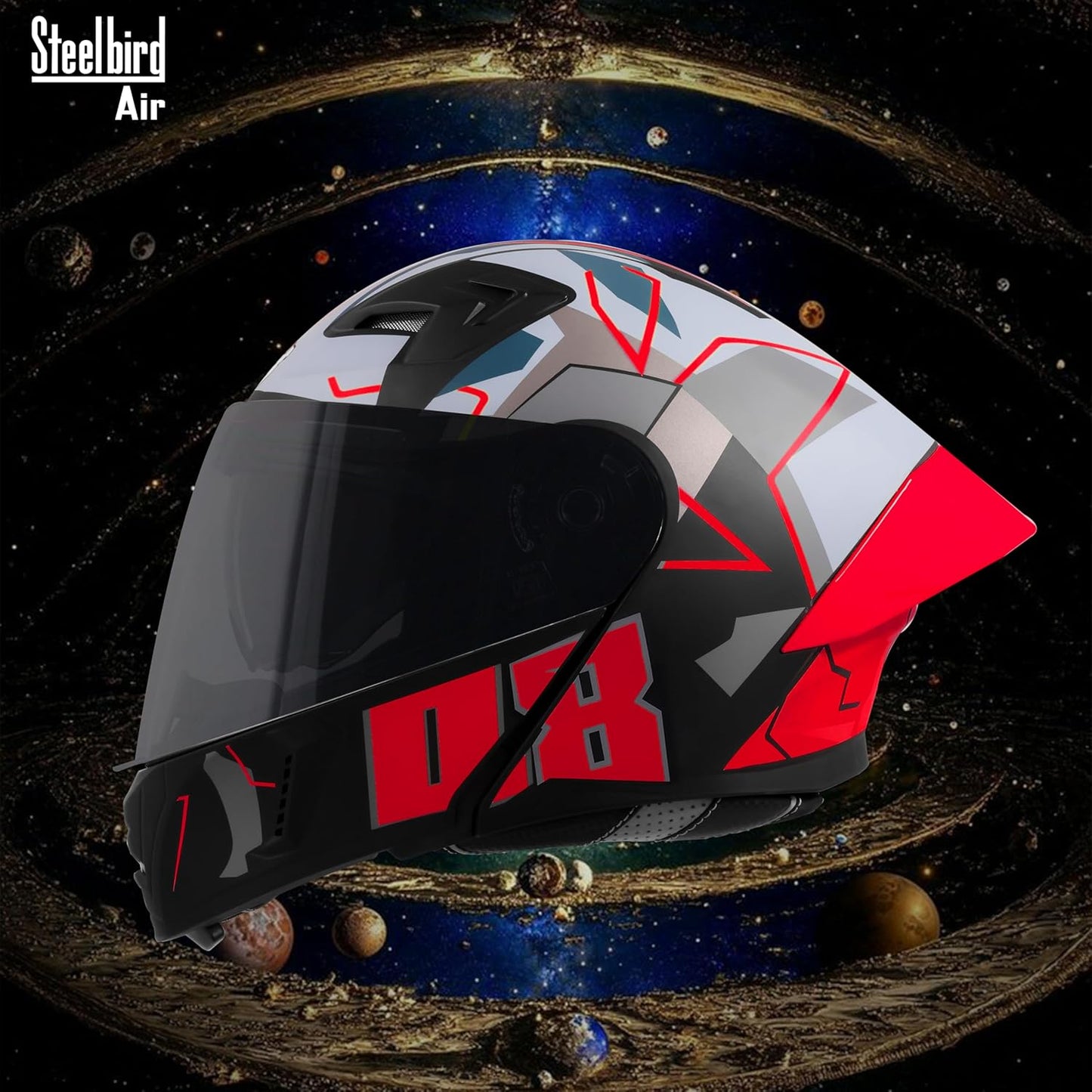 Steelbird SBA-20 08 ISI Certified Flip-Up Graphic Helmet for Men with Inner Chrome Sun Shield (Glossy Black Red)