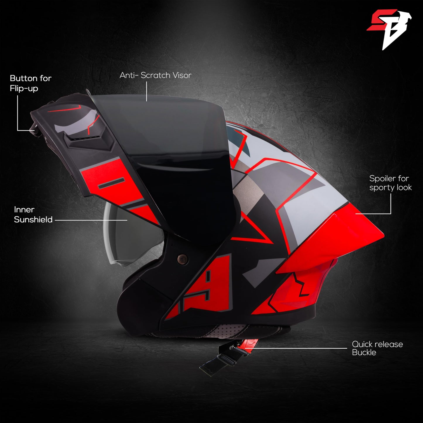 Steelbird SBA-20 09 ISI Certified Flip-Up Graphic Helmet for Men and Women with Inner Chrome Sun Shield (Glossy Black Red with Smoke Visor)