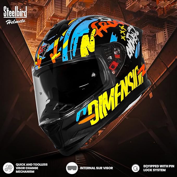 Steelbird SBH-57 Fighter F10 Graphic Helmet ISI and DOT Certified Full Face Helmet for Men with Inner Silver Sun Shield (Glossy Black Neon Orange)