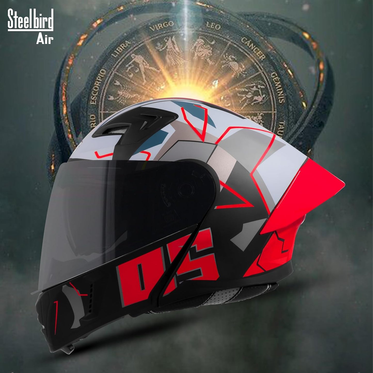 Steelbird SBA-20 05 ISI Certified Flip-Up Graphic Helmet for Men with Inner Chrome Sun Shield (Glossy Black Red)