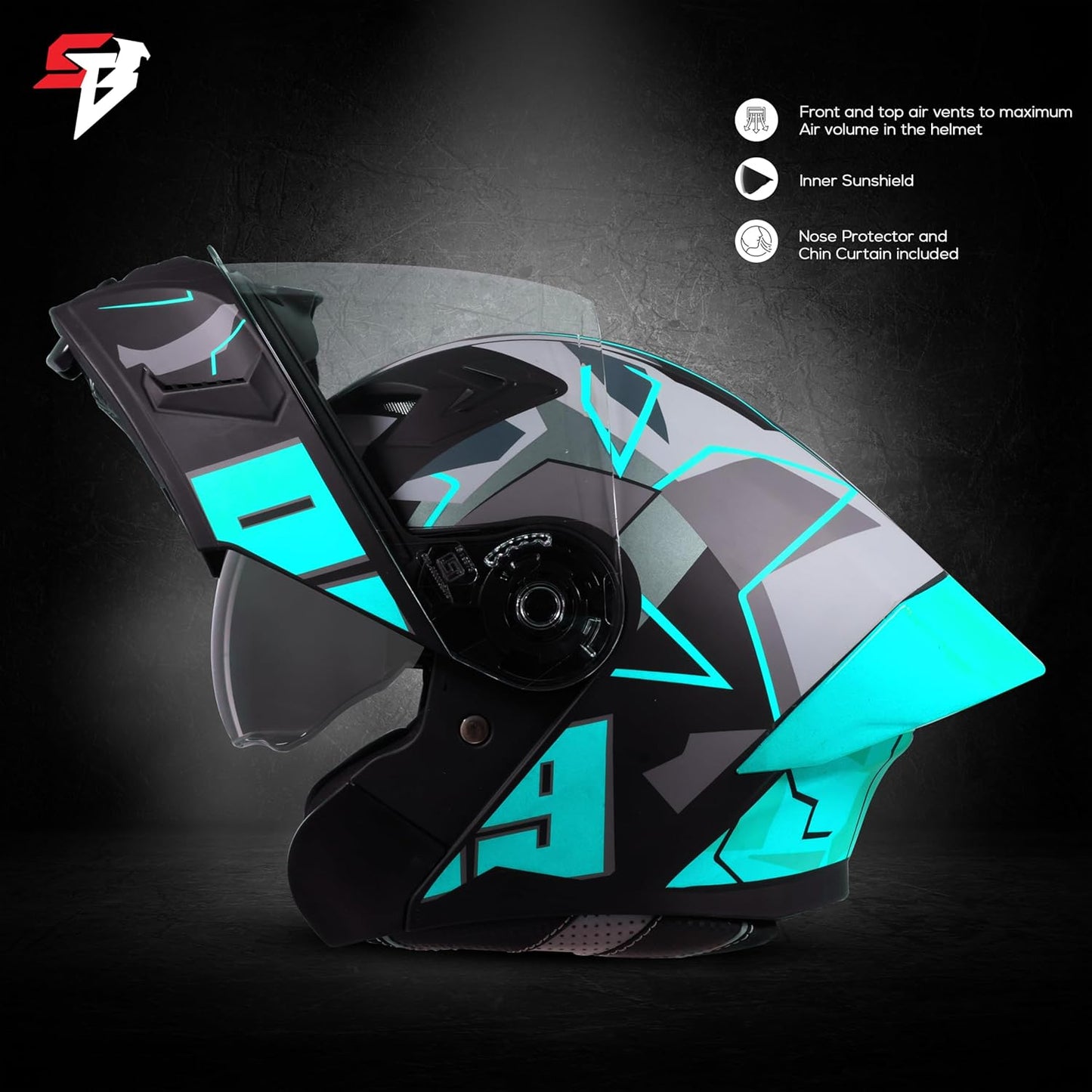 Steelbird SBA-20 09 ISI Certified Flip-Up Graphic Helmet for Men and Women with Inner Chrome Sun Shield (Glossy Black Jazz Blue)