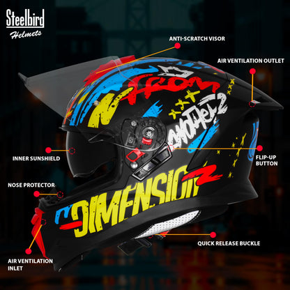 Steelbird SBH-57 Fighter F10 Graphic Helmet ISI and DOT Certified Full Face Helmet for Men with Inner Silver Sun Shield (Glossy Black Neon Red)