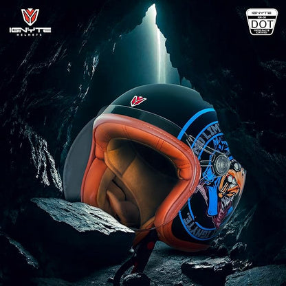 Ignyte IGN-58 Eagle ISI and DOT Certified Open Face Graphic Helmet for Men and Women (Glossy Black Blue)