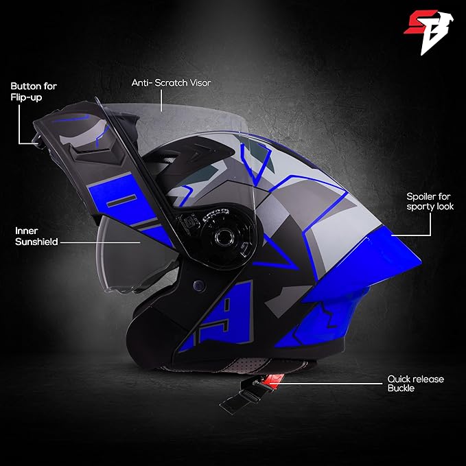 Steelbird SBA-20 09 ISI Certified Flip-Up Graphic Helmet for Men and Women with Inner Chrome Sun Shield (Glossy Black Blue)
