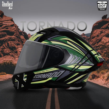 Steelbird SBA-11 Tornado Red Reflector ISI and DOT Certified Full Face Helmet for Men and Women with Inner Silver Sun Shield (Glossy Black Battle Green with Smoke Visor)