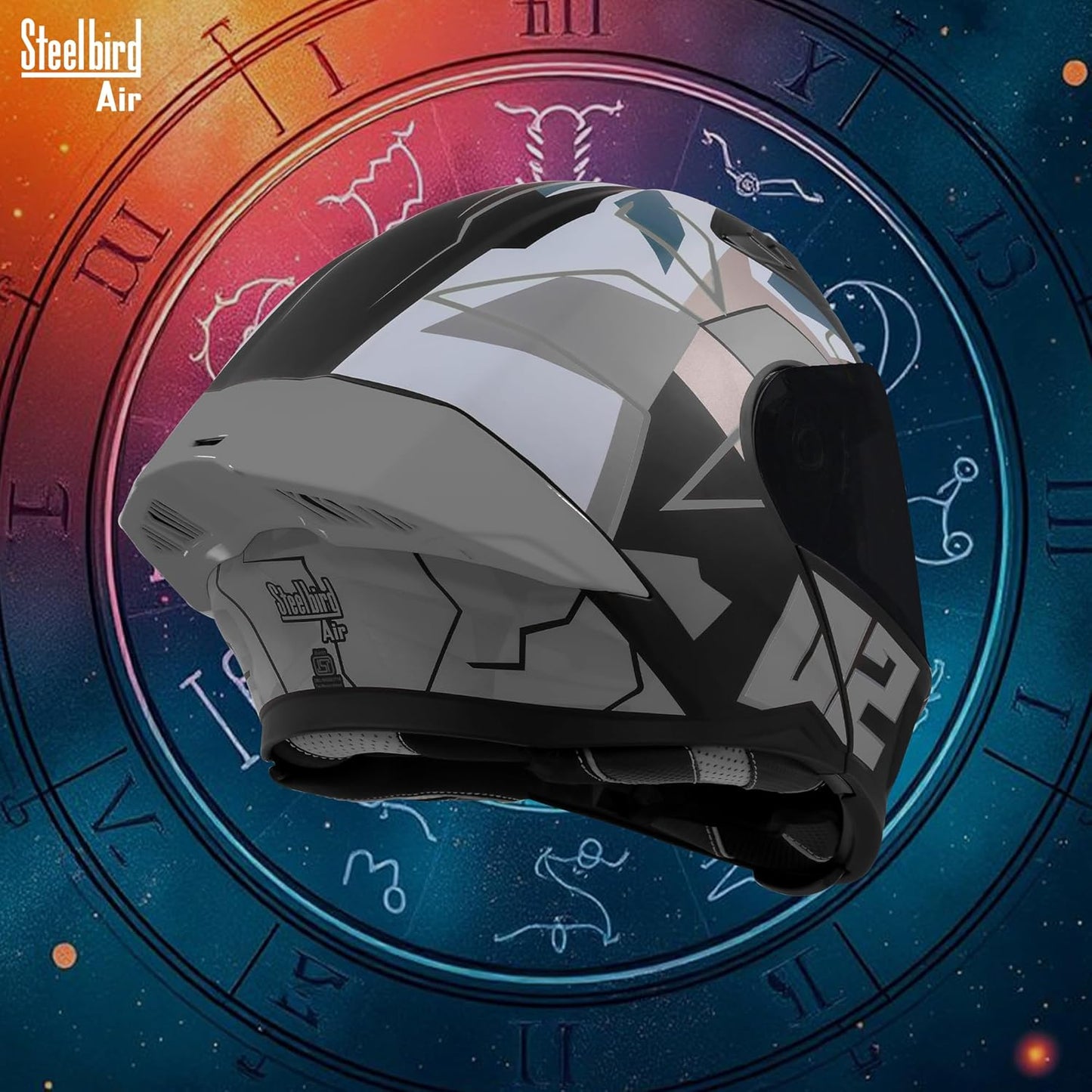 Steelbird SBA-20 02 ISI Certified Flip-Up Graphic Helmet for Men with Inner Chrome Sun Shield (Glossy Black Grey)