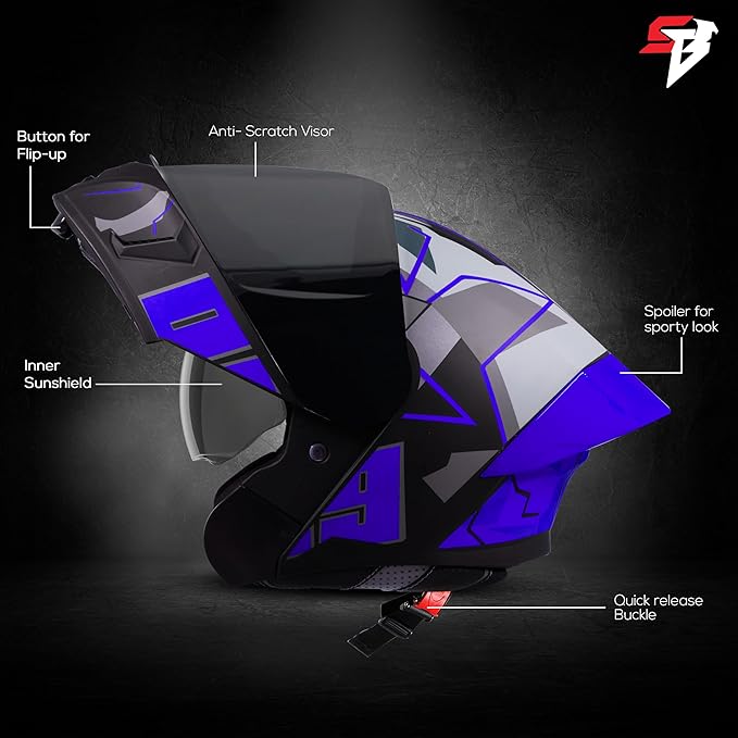 Steelbird SBA-20 09 ISI Certified Flip-Up Graphic Helmet for Men and Women with Inner Chrome Sun Shield (Glossy Black Blue With Smoke Visor)