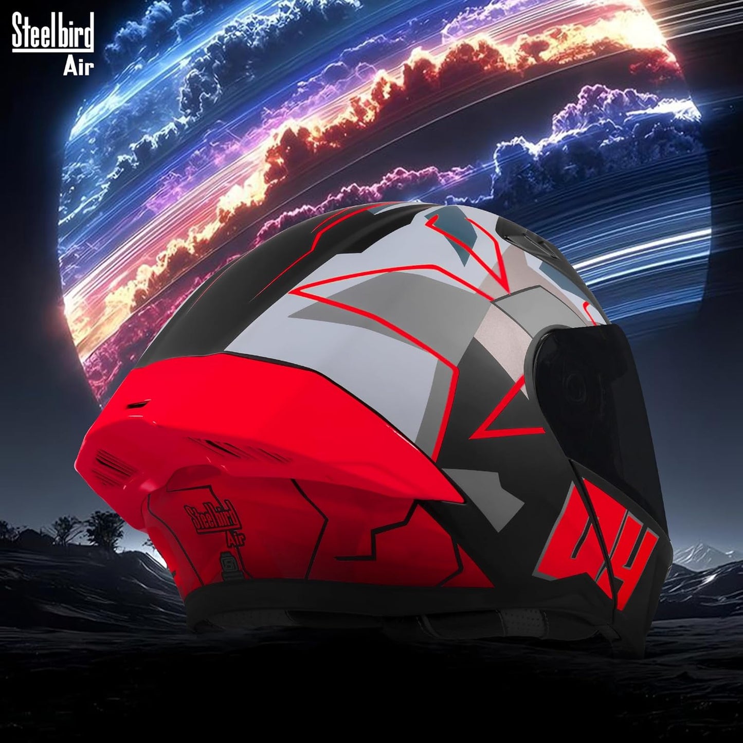 Steelbird SBA-20 04 ISI Certified Flip-Up Graphic Helmet for Men with Inner Chrome Sun Shield (Glossy Black Red)