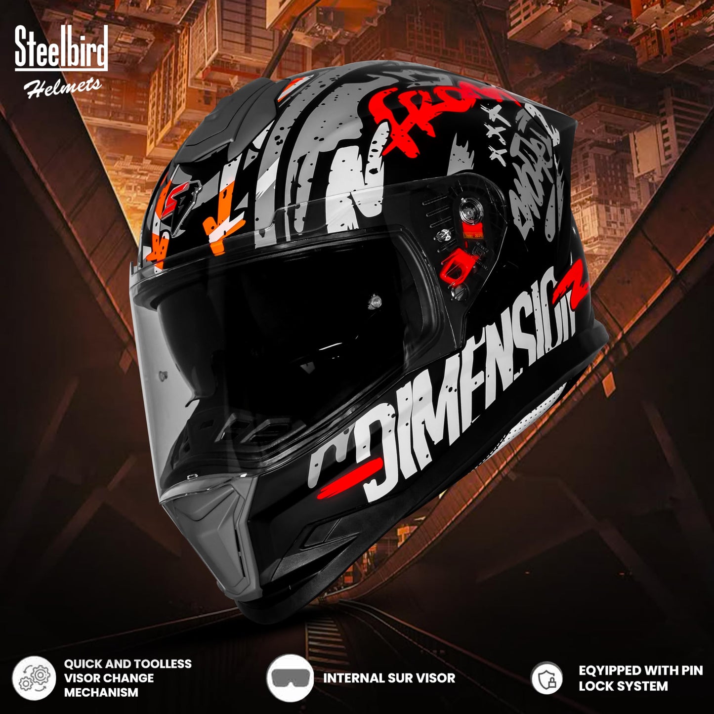 Steelbird SBH-57 Fighter F10 Graphic Helmet ISI and DOT Certified Full Face Helmet for Men with Inner Silver Sun Shield (Glossy Black White Red)