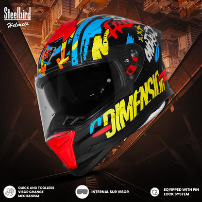 Steelbird SBH-57 Fighter F10 Graphic Helmet ISI and DOT Certified Full Face Helmet for Men with Inner Silver Sun Shield (Glossy Black Neon Red)