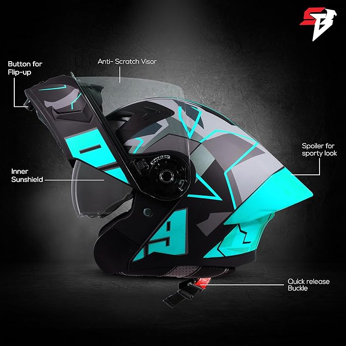 Steelbird SBA-20 09 ISI Certified Flip-Up Graphic Helmet for Men and Women with Inner Chrome Sun Shield (Glossy Black Jazz Blue)