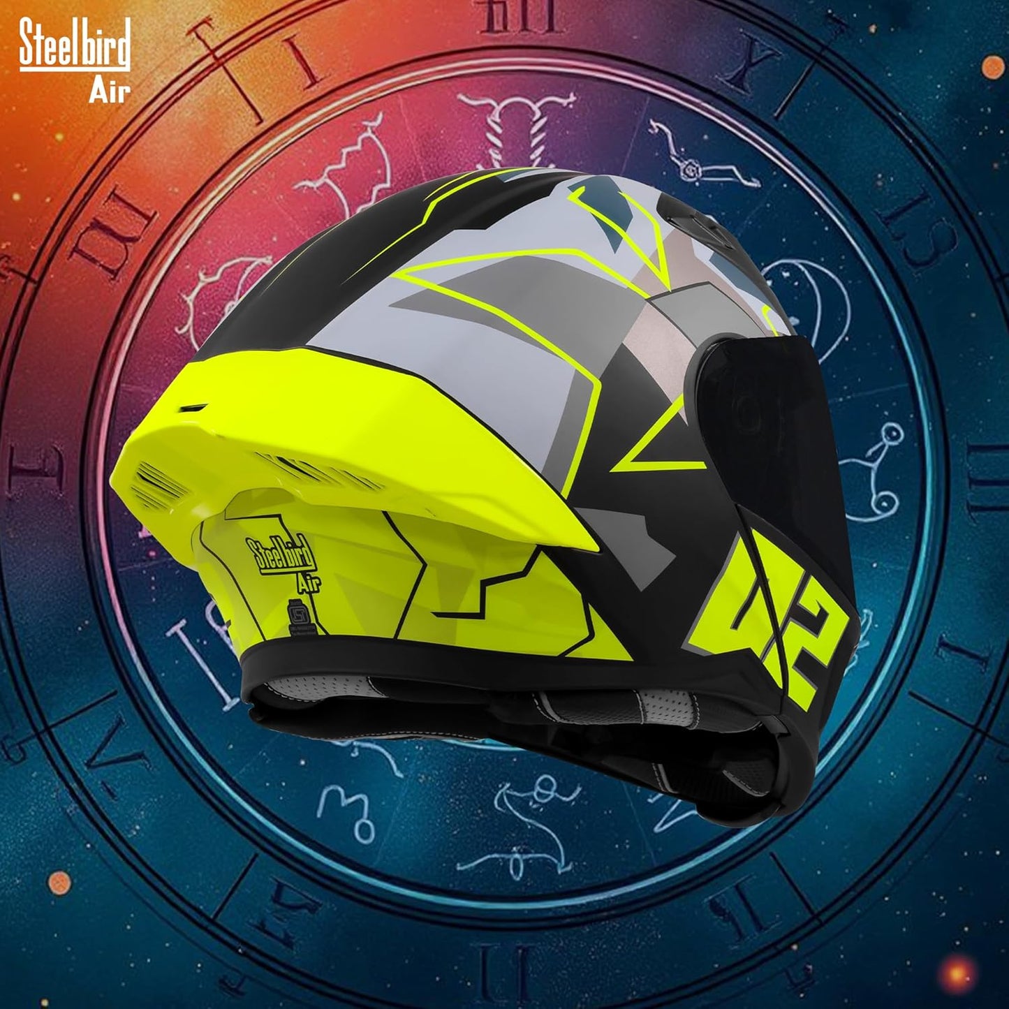 Steelbird SBA-20 02 ISI Certified Flip-Up Graphic Helmet for Men with Inner Chrome Sun Shield (Glossy Black Neon)