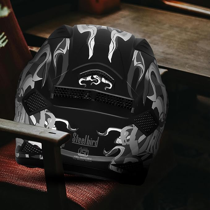 Steelbird SBH-25 Rudra Agni ISI Certified Full Face Graphic Helmet for Men with Inner Smoke Sun Shield (Glossy Black Grey)