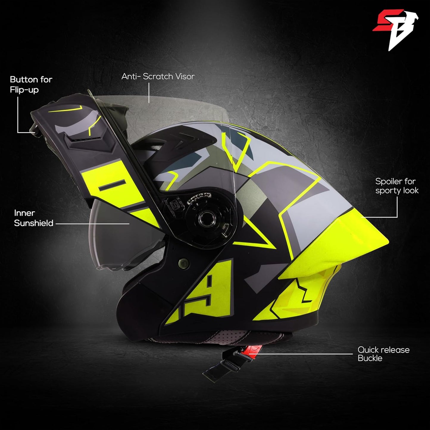 Steelbird SBA-20 09 ISI Certified Flip-Up Graphic Helmet for Men and Women with Inner Chrome Sun Shield (Glossy Black Neon)