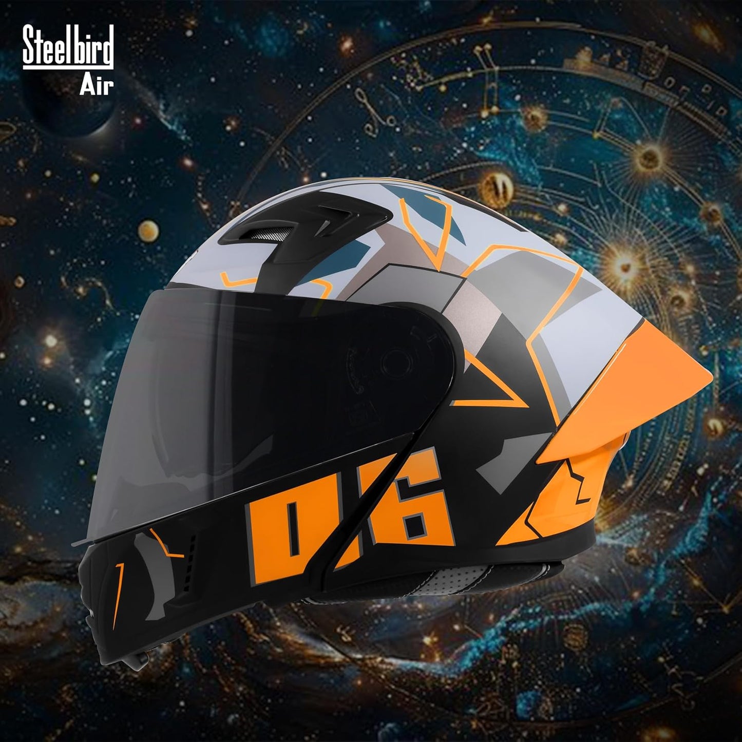 Steelbird SBA-20 06 ISI Certified Flip-Up Graphic Helmet for Men with Inner Chrome Sun Shield (Glossy Black Orange)