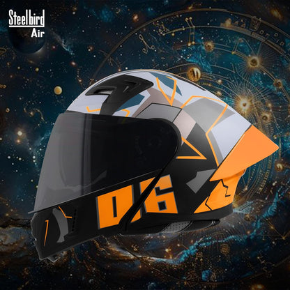 Steelbird SBA-20 06 ISI Certified Flip-Up Graphic Helmet for Men with Inner Chrome Sun Shield (Glossy Black Orange)