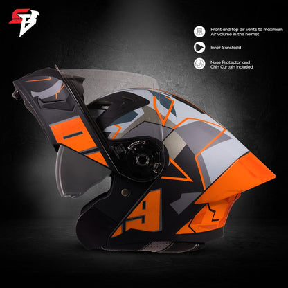 Steelbird SBA-20 09 ISI Certified Flip-Up Graphic Helmet for Men and Women with Inner Chrome Sun Shield (Glossy Black Orange)