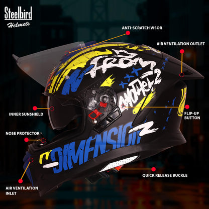 Steelbird SBH-57 Fighter F10 Graphic Helmet ISI and DOT Certified Full Face Helmet for Men with Inner Silver Sun Shield (Glossy Black Blue White)