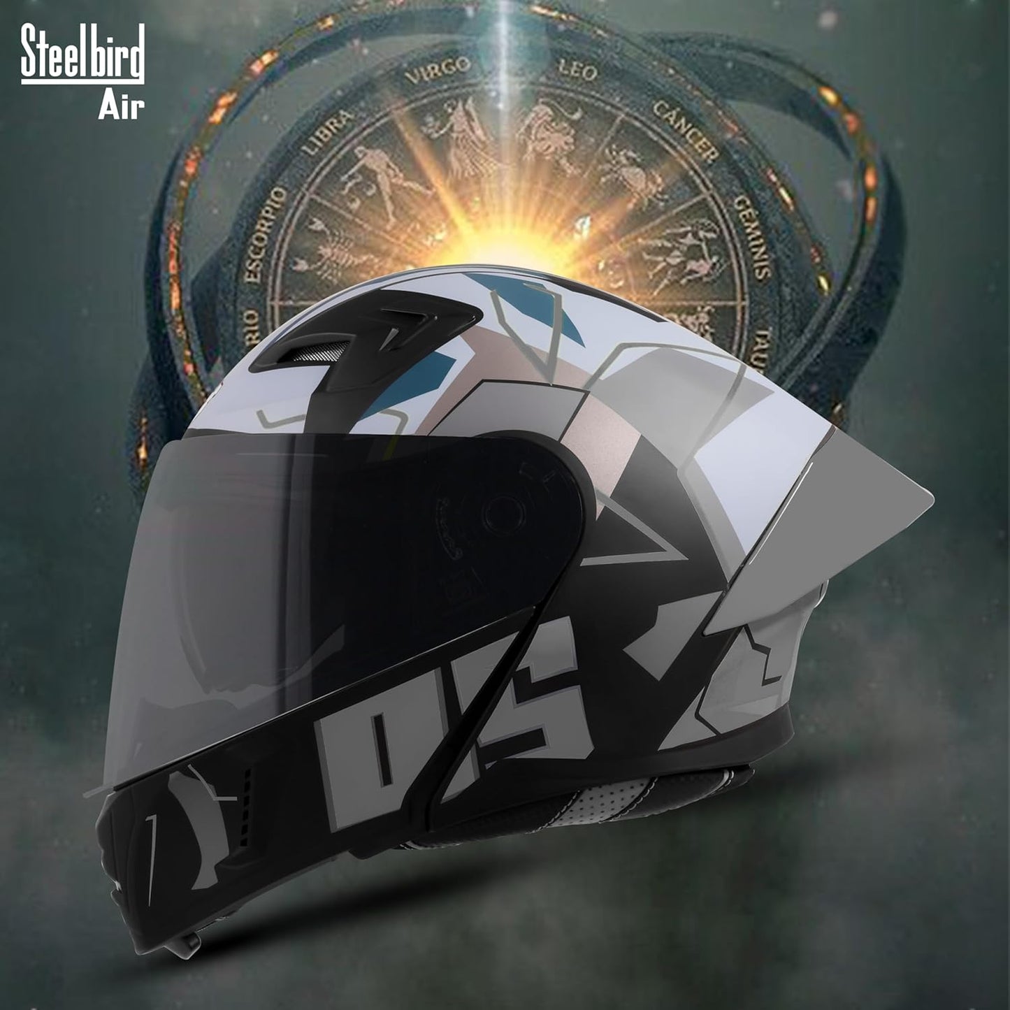 Steelbird SBA-20 05 ISI Certified Flip-Up Graphic Helmet for Men with Inner Chrome Sun Shield (Glossy Black Grey)
