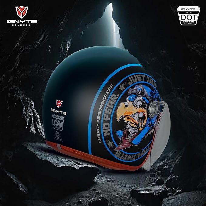 Ignyte IGN-58 Eagle ISI and DOT Certified Open Face Graphic Helmet for Men and Women (Glossy Black Blue)