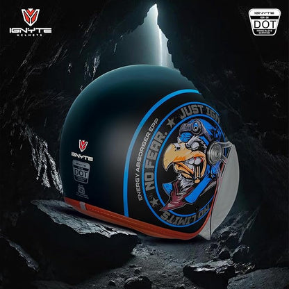 Ignyte IGN-58 Eagle ISI and DOT Certified Open Face Graphic Helmet for Men and Women (Glossy Black Blue)
