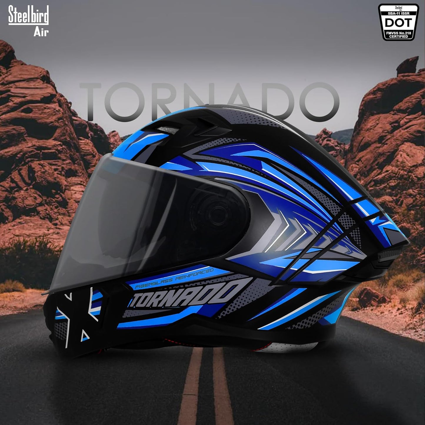 Steelbird SBA-11 Tornado Grey Reflector ISI and DOT Certified Full Face Helmet for Men and Women with Inner Silver Sun Shield (Glossy Black Blue with Smoke Visor)