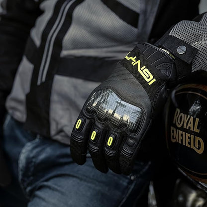 Ignyte Carbon Full Finger Bike Riding Gloves with Touch Screen Sensitivity at Thumb and Index Finger and Carbon knuckle Protector (Neon)
