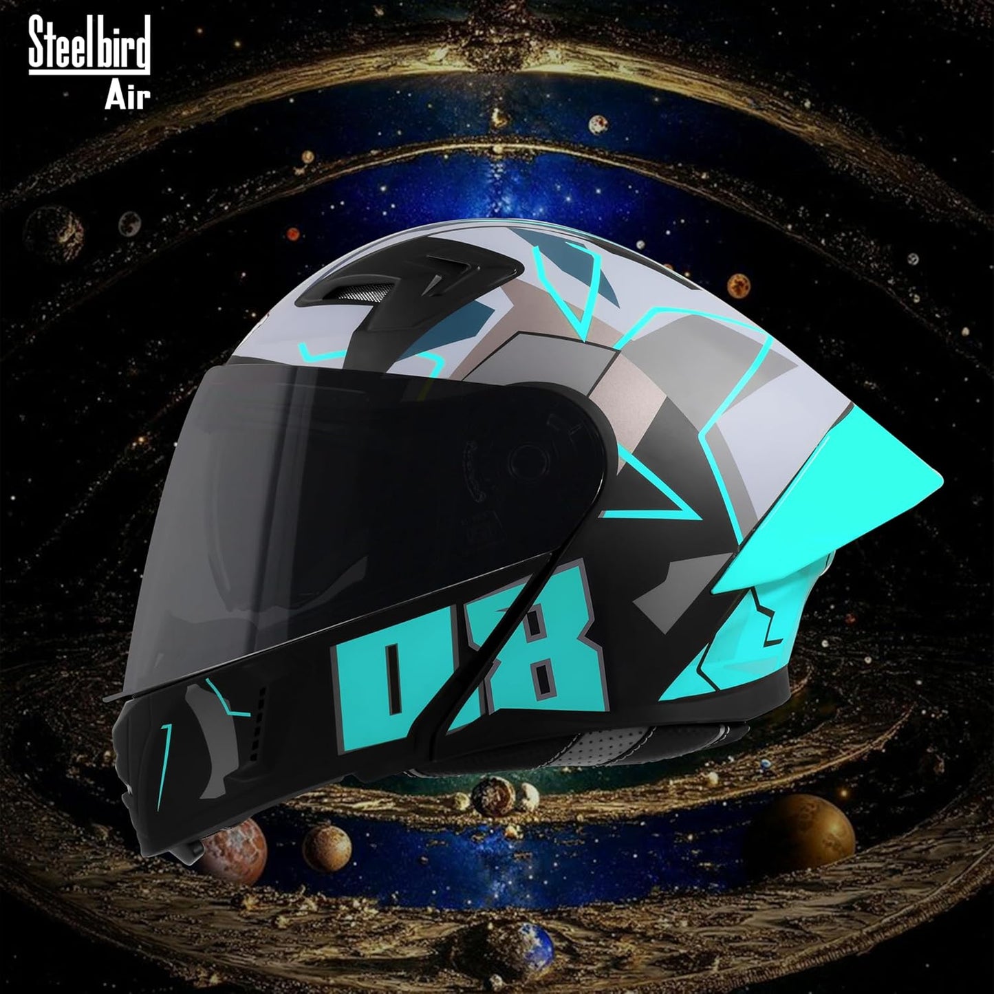 Steelbird SBA-20 08 ISI Certified Flip-Up Graphic Helmet for Men with Inner Chrome Sun Shield (Glossy Black Cyan Green)