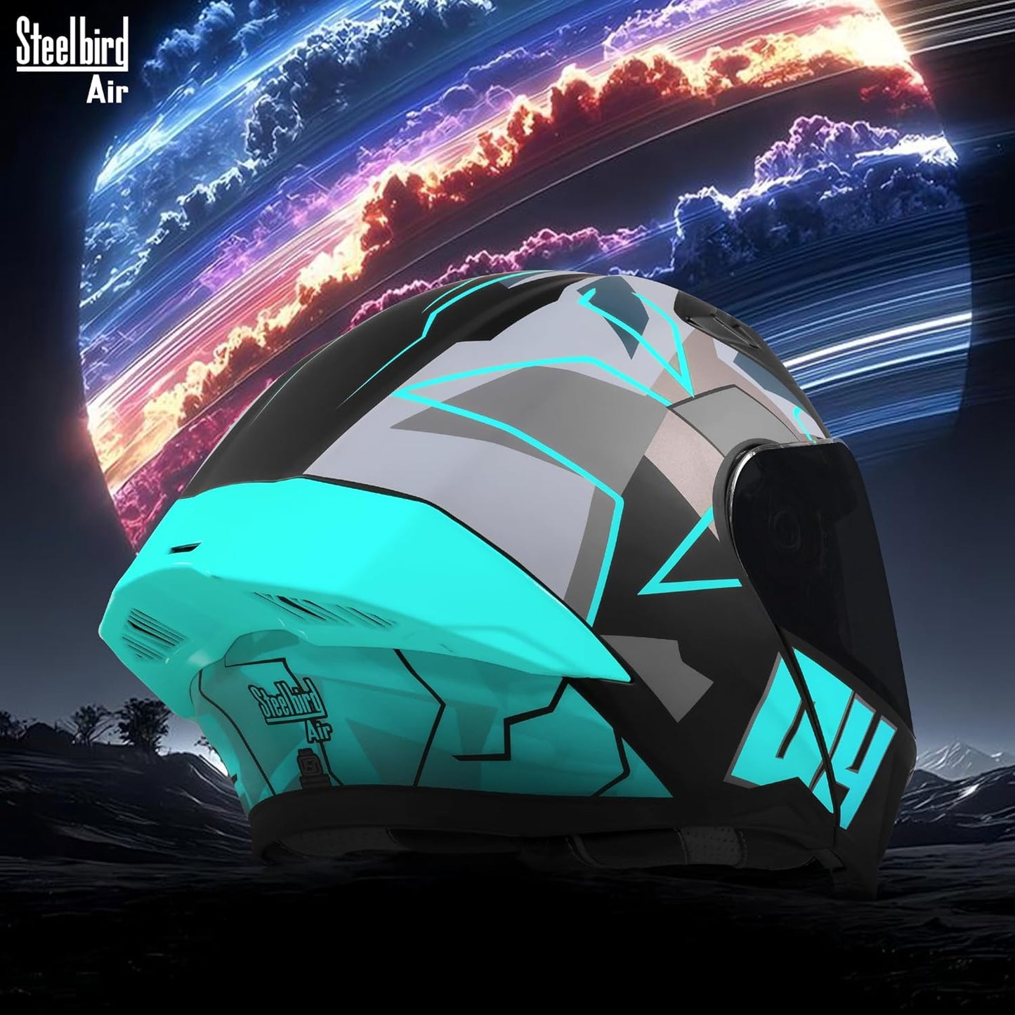 Steelbird SBA-20 04 ISI Certified Flip-Up Graphic Helmet for Men with Inner Chrome Sun Shield (Glossy Black Cyan Green)