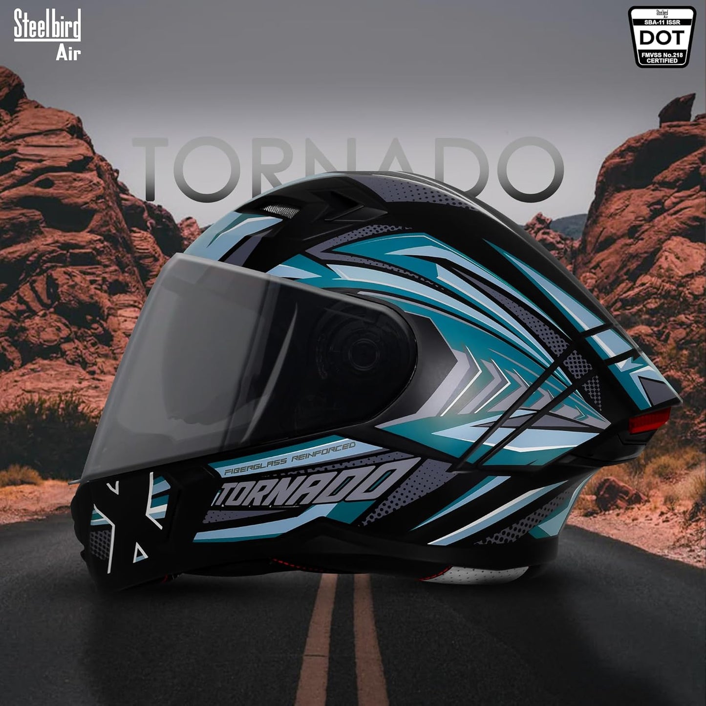 Steelbird SBA-11 Tornado Red Reflector ISI and DOT Certified Full Face Helmet for Men and Women with Inner Silver Sun Shield (Glossy Black Sea Green with Smoke Visor)