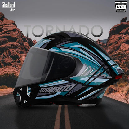 Steelbird SBA-11 Tornado Red Reflector ISI and DOT Certified Full Face Helmet for Men and Women with Inner Silver Sun Shield (Glossy Black Sea Green with Smoke Visor)