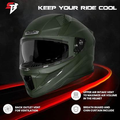 Steelbird SBH-25 Rudra ISI Certified Full Face Helmet for Men and Women with Inner Smoke Sun Shield (Dashing Battle Green)