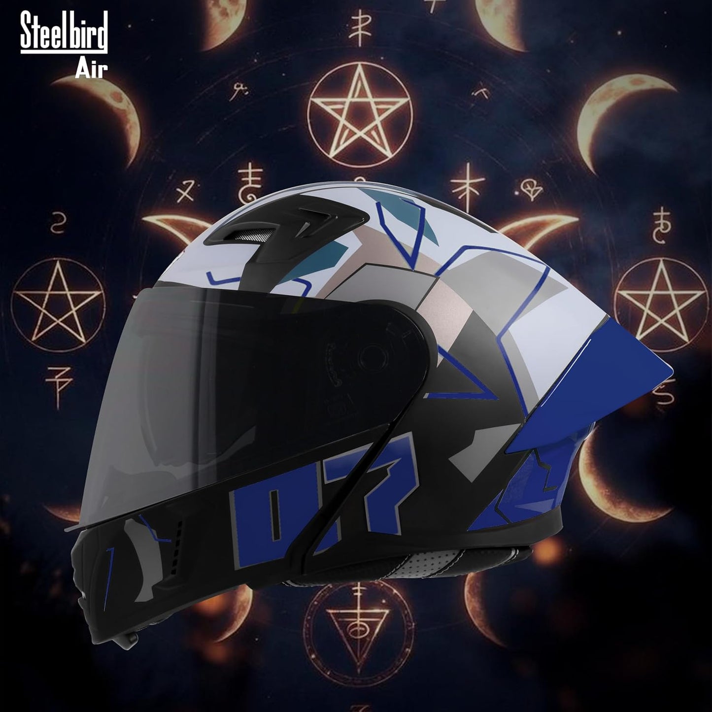 Steelbird SBA-20 07 ISI Certified Flip-Up Graphic Helmet for Men with Inner Chrome Sun Shield (Glossy Black Blue)