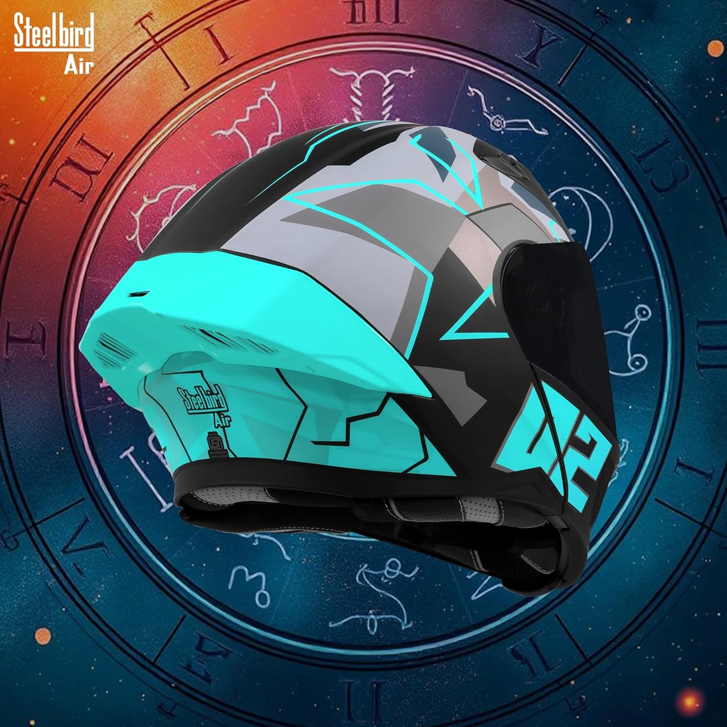 Steelbird SBA-20 02 ISI Certified Flip-Up Graphic Helmet for Men with Inner Chrome Sun Shield (Glossy Black Cyan Green)
