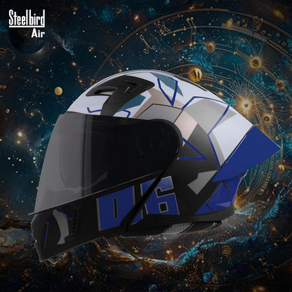 Steelbird SBA-20 06 ISI Certified Flip-Up Graphic Helmet for Men with Inner Chrome Sun Shield (Glossy Black Blue)