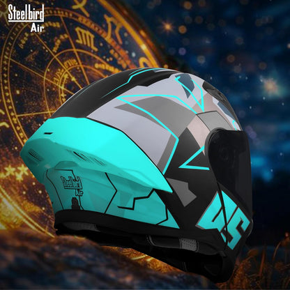 Steelbird SBA-20 05 ISI Certified Flip-Up Graphic Helmet for Men with Inner Chrome Sun Shield (Glossy Black Cyan Green)