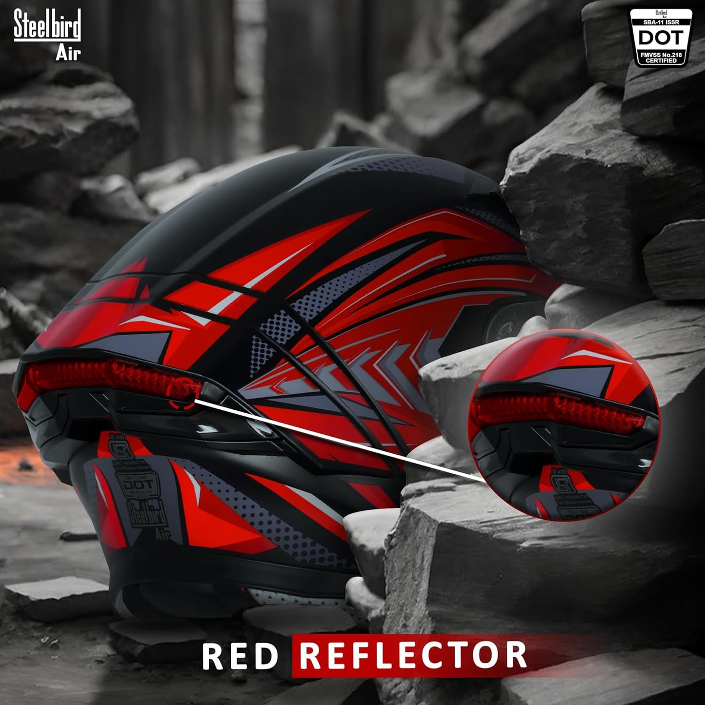 Steelbird SBA-11 Tornado Red Reflector ISI and DOT Certified Full Face Helmet for Men and Women with Inner Silver Sun Shield (Glossy Black Red with Smoke Visor)