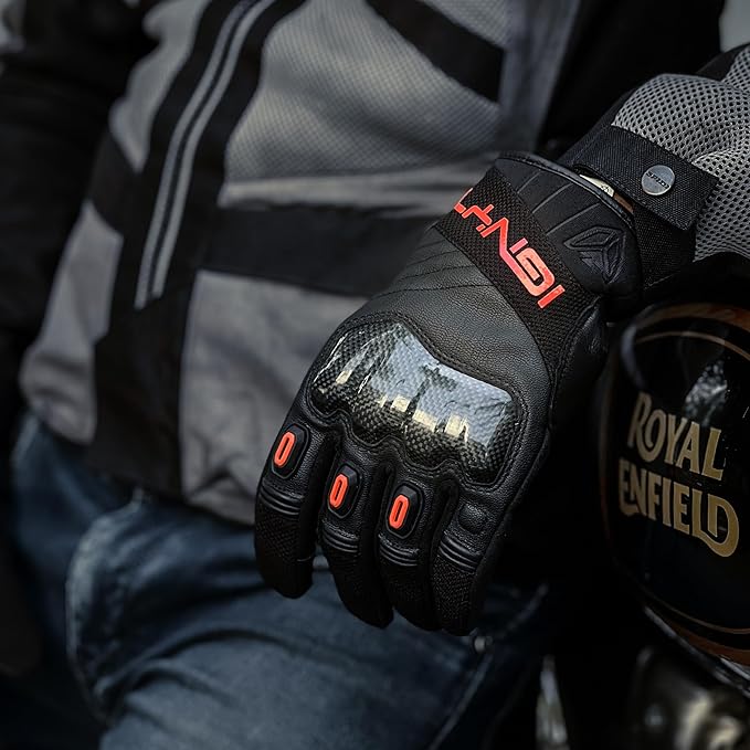 Ignyte Carbon Full Finger Bike Riding Gloves with Touch Screen Sensitivity at Thumb and Index Finger and Carbon knuckle Protector (Red)