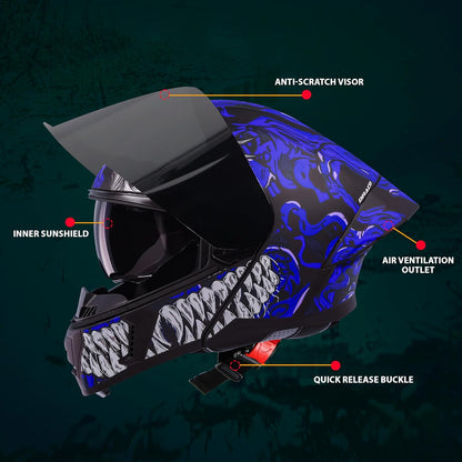 Steelbird SBA-20 Draco ISI Certified Flip-Up Helmet for Men and Women with Inner Smoke Sun Shield (Glossy Black Blue with Smoke Visor)