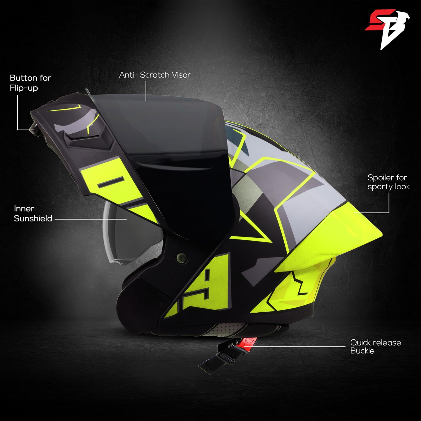 Steelbird SBA-20 09 ISI Certified Flip-Up Graphic Helmet for Men and Women with Inner Chrome Sun Shield (Glossy Black Neon with Smoke Visor)