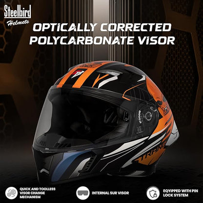 Steelbird SBA-20 Strange ISI Certified Flip-Up Graphic Helmet for Men and Women (Glossy Black Orange)