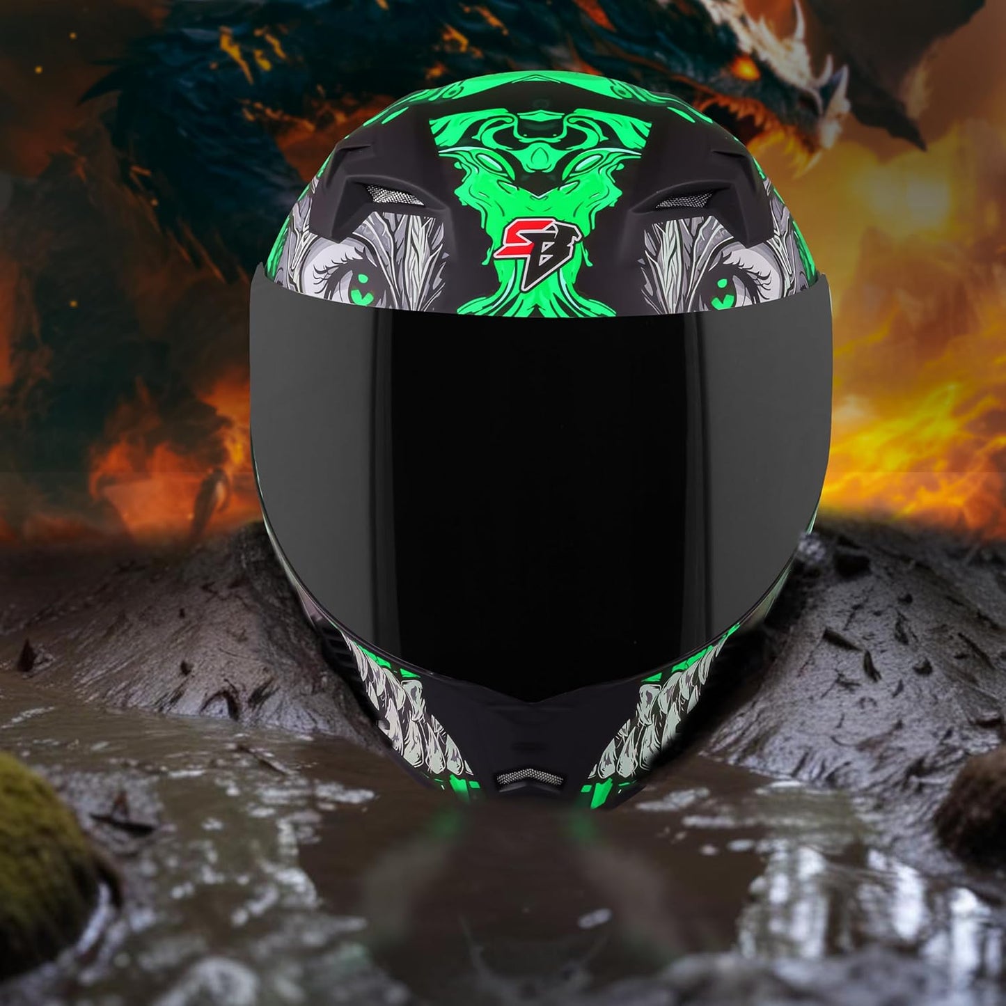 Steelbird SBA-20 Draco ISI Certified Flip-Up Helmet for Men and Women with Inner Smoke Sun Shield (Glossy Black Green with Smoke Visor)