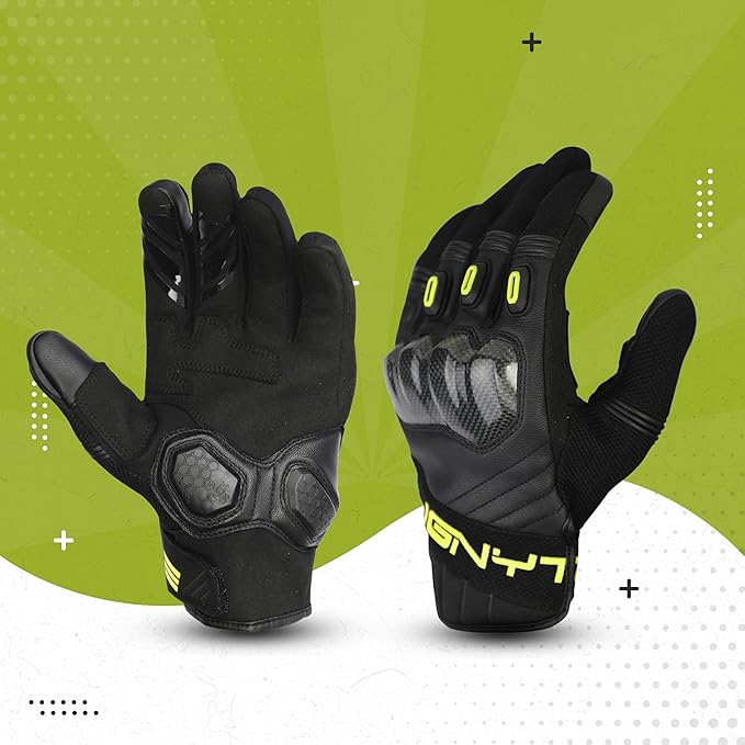 Ignyte Carbon Full Finger Bike Riding Gloves with Touch Screen Sensitivity at Thumb and Index Finger and Carbon knuckle Protector (Neon)
