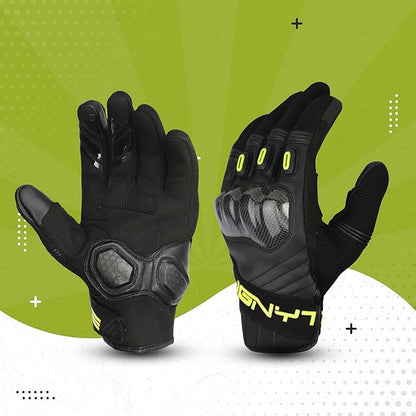 Ignyte Carbon Full Finger Bike Riding Gloves with Touch Screen Sensitivity at Thumb and Index Finger and Carbon knuckle Protector (Neon)