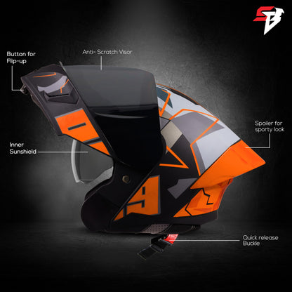 Steelbird SBA-20 09 ISI Certified Flip-Up Graphic Helmet for Men and Women with Inner Chrome Sun Shield (Glossy Black Orange with Smoke Visor)