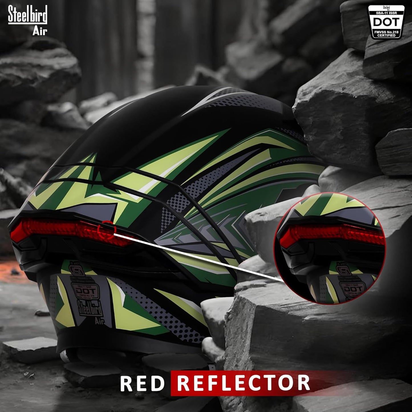 Steelbird SBA-11 Tornado Red Reflector ISI and DOT Certified Full Face Helmet for Men and Women with Inner Silver Sun Shield (Glossy Black Battle Green with Smoke Visor)