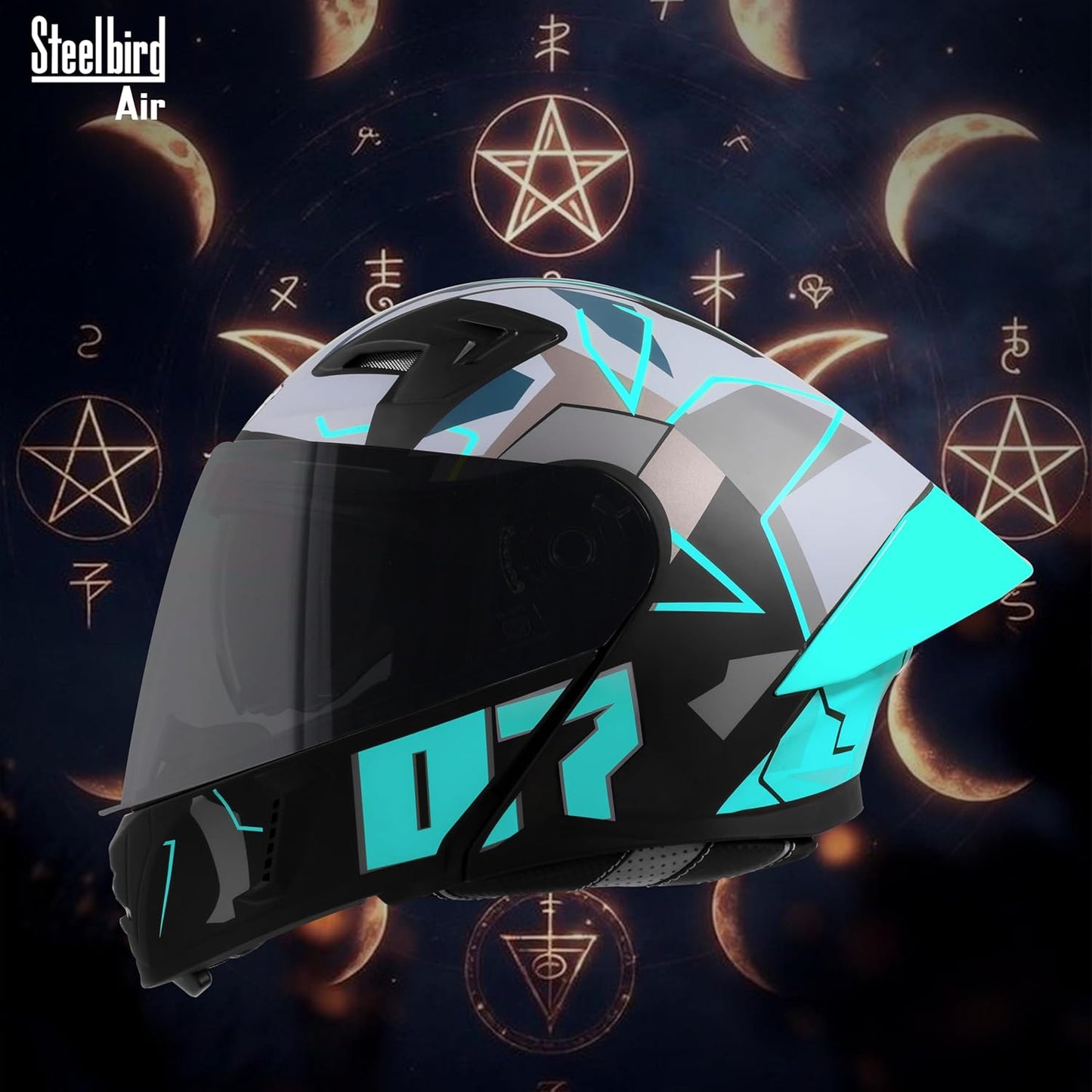 Steelbird SBA-20 07 ISI Certified Flip-Up Graphic Helmet for Men with Inner Chrome Sun Shield (Glossy Black Cyan Green)