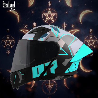 Steelbird SBA-20 07 ISI Certified Flip-Up Graphic Helmet for Men with Inner Chrome Sun Shield (Glossy Black Cyan Green)