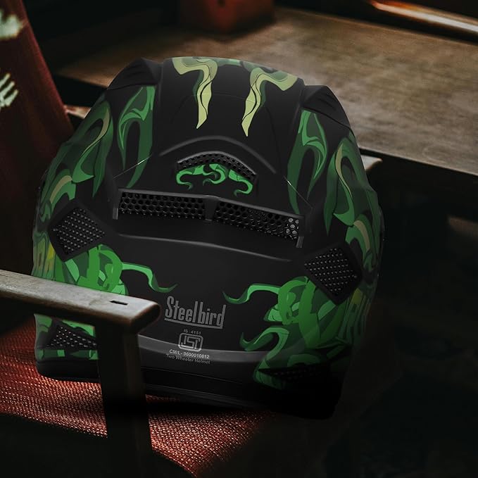 Steelbird SBH-25 Rudra Agni ISI Certified Full Face Graphic Helmet for Men with Inner Smoke Sun Shield (Glossy Black Green)