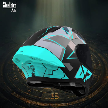 Steelbird SBA-20 07 ISI Certified Flip-Up Graphic Helmet for Men with Inner Chrome Sun Shield (Glossy Black Cyan Green)